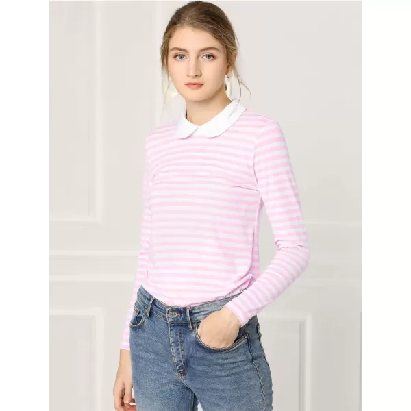Allegra K Women's Contrast Collar Long Sleeves Peter Pan Collar Striped Blouse Top