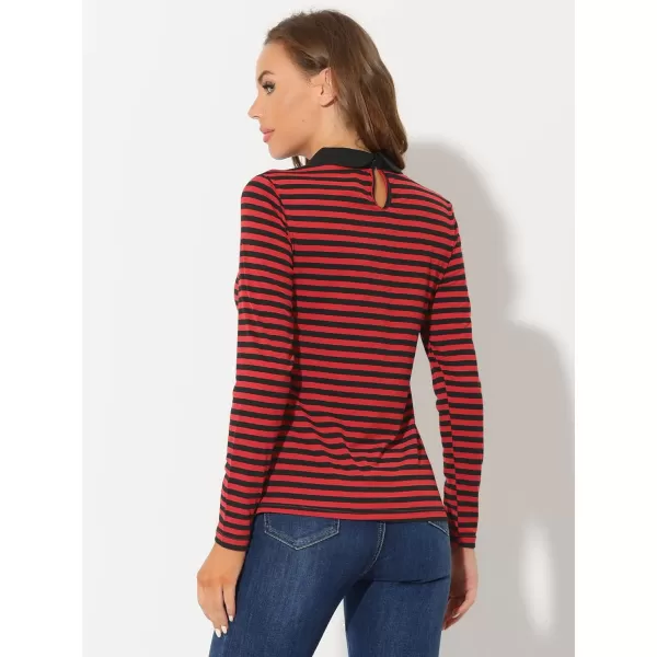 Allegra K Women's Contrast Collar Long Sleeves Peter Pan Collar Striped Blouse Top