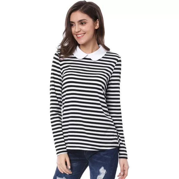 Allegra K Women's Contrast Collar Long Sleeves Peter Pan Collar Striped Blouse Top