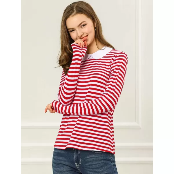 Allegra K Women's Contrast Collar Long Sleeves Peter Pan Collar Striped Blouse Top