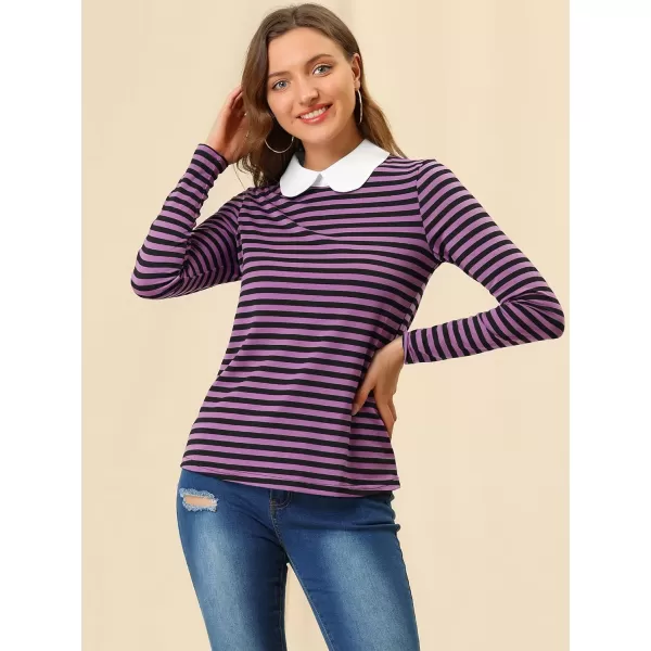 Allegra K Women's Contrast Collar Long Sleeves Peter Pan Collar Striped Blouse Top