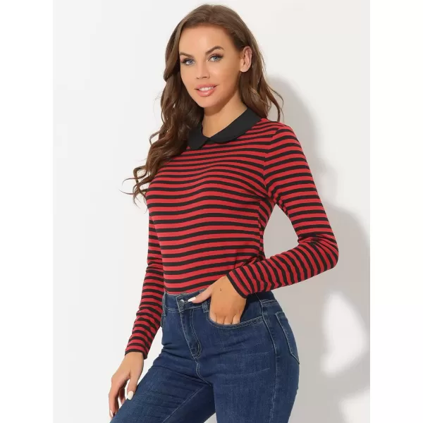 Allegra K Women's Contrast Collar Long Sleeves Peter Pan Collar Striped Blouse Top