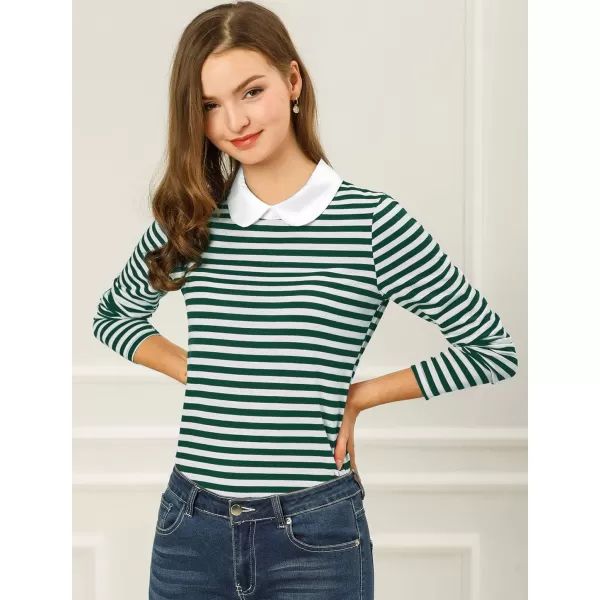 Allegra K Women's Contrast Collar Long Sleeves Peter Pan Collar Striped Blouse Top