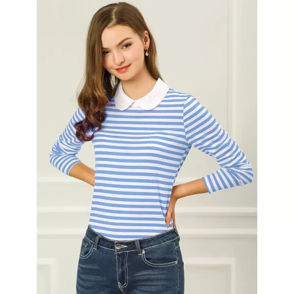 Allegra K Women's Contrast Collar Long Sleeves Peter Pan Collar Striped Blouse Top