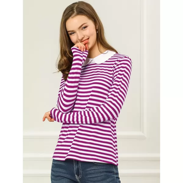 Allegra K Women's Contrast Collar Long Sleeves Peter Pan Collar Striped Blouse Top