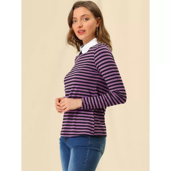 Allegra K Women's Contrast Collar Long Sleeves Peter Pan Collar Striped Blouse Top