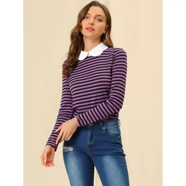 Allegra K Women's Contrast Collar Long Sleeves Peter Pan Collar Striped Blouse Top