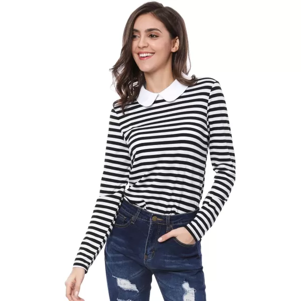 Allegra K Women's Contrast Collar Long Sleeves Peter Pan Collar Striped Blouse Top