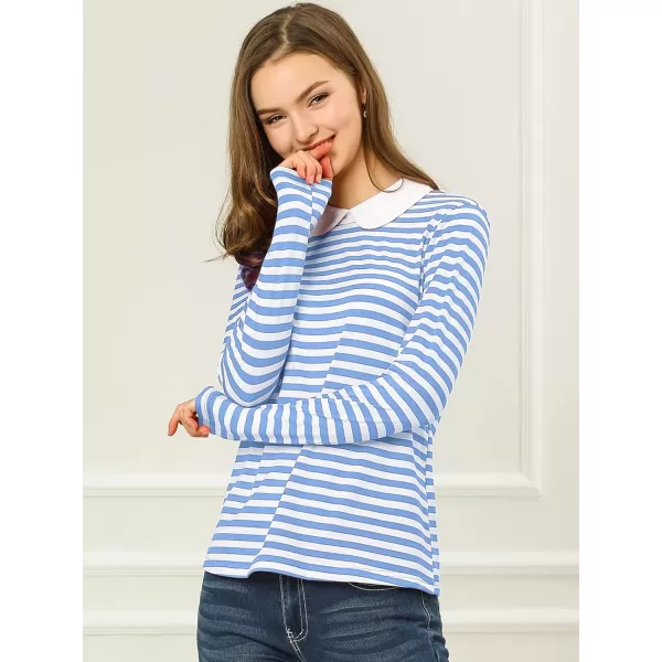 Allegra K Women's Contrast Collar Long Sleeves Peter Pan Collar Striped Blouse Top