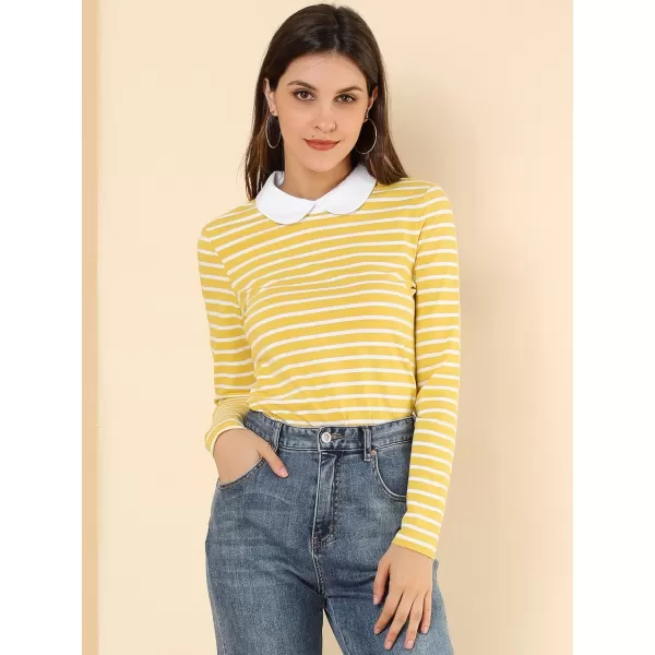 Allegra K Women's Contrast Collar Long Sleeves Peter Pan Collar Striped Blouse Top