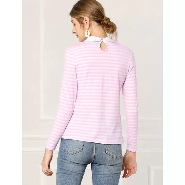 Allegra K Women's Contrast Collar Long Sleeves Peter Pan Collar Striped Blouse Top