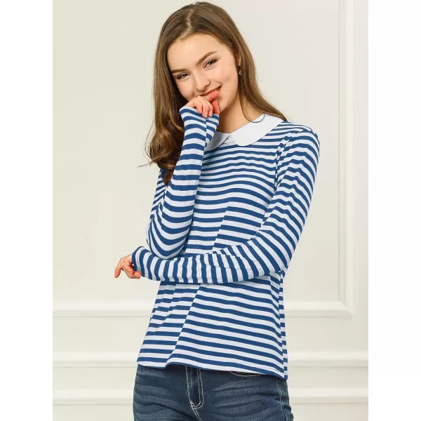 Allegra K Women's Contrast Collar Long Sleeves Peter Pan Collar Striped Blouse Top