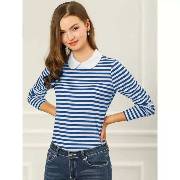 Allegra K Women's Contrast Collar Long Sleeves Peter Pan Collar Striped Blouse Top