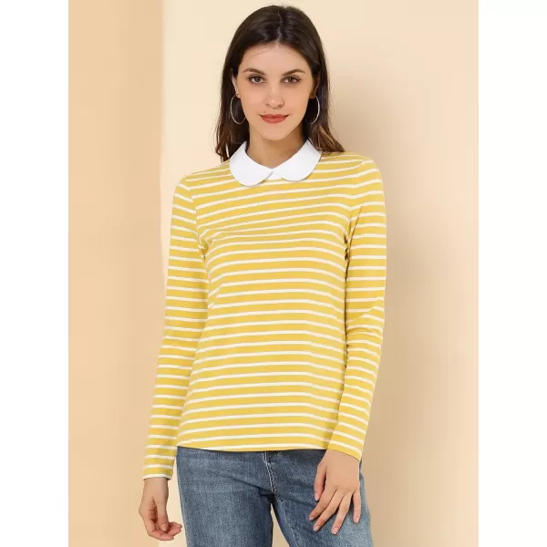 Allegra K Women's Contrast Collar Long Sleeves Peter Pan Collar Striped Blouse Top