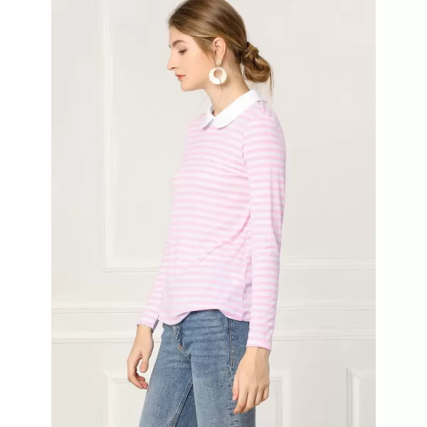 Allegra K Women's Contrast Collar Long Sleeves Peter Pan Collar Striped Blouse Top