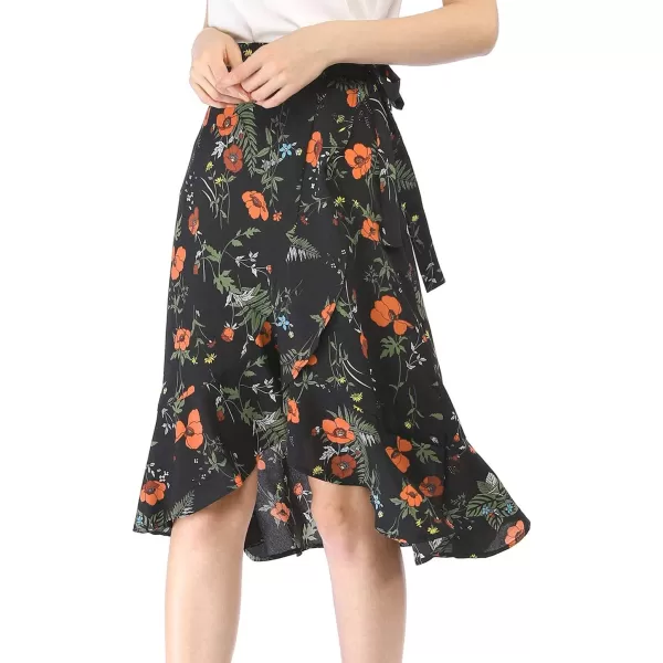 Allegra K Women's Floral Printed Self Tie Knot High-Low Ruffle Hem Wrap Skirt