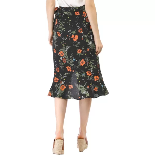 Allegra K Women's Floral Printed Self Tie Knot High-Low Ruffle Hem Wrap Skirt