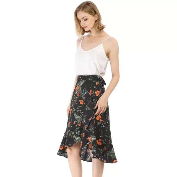 Allegra K Women's Floral Printed Self Tie Knot High-Low Ruffle Hem Wrap Skirt