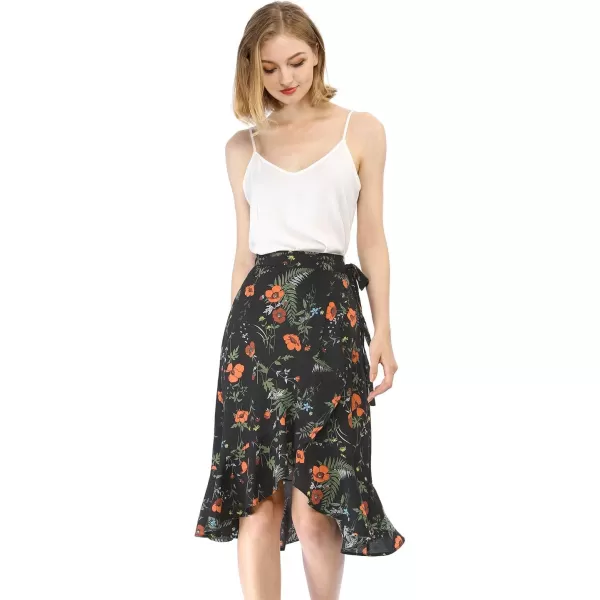 Allegra K Women's Floral Printed Self Tie Knot High-Low Ruffle Hem Wrap Skirt