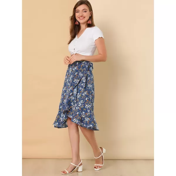 Allegra K Women's Floral Printed Self Tie Knot High-Low Ruffle Hem Wrap Skirt