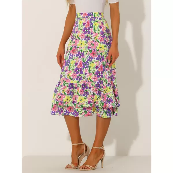 Allegra K Women's Printed Skirt Chiffon Elastic Waist Ruffle Tiered Flowy Midi Skirts