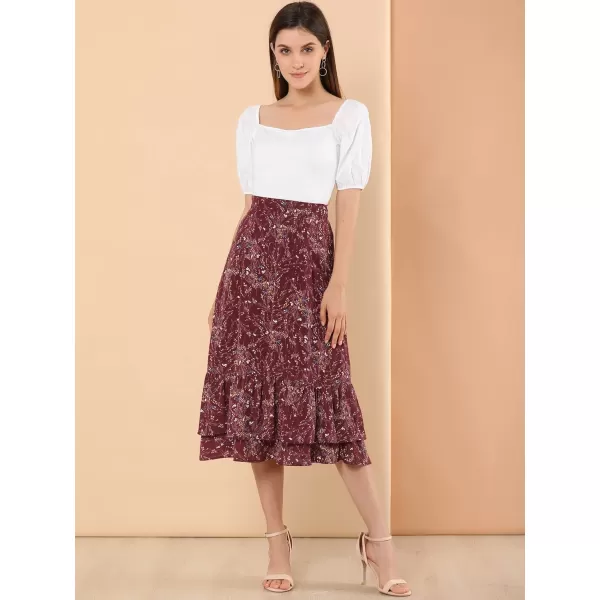 Allegra K Women's Printed Skirt Chiffon Elastic Waist Ruffle Tiered Flowy Midi Skirts