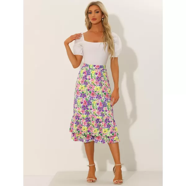 Allegra K Women's Printed Skirt Chiffon Elastic Waist Ruffle Tiered Flowy Midi Skirts