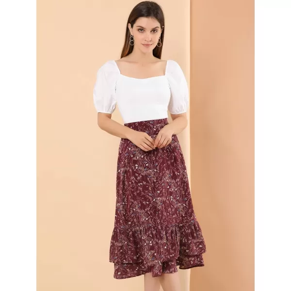 Allegra K Women's Printed Skirt Chiffon Elastic Waist Ruffle Tiered Flowy Midi Skirts