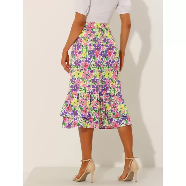 Allegra K Women's Printed Skirt Chiffon Elastic Waist Ruffle Tiered Flowy Midi Skirts