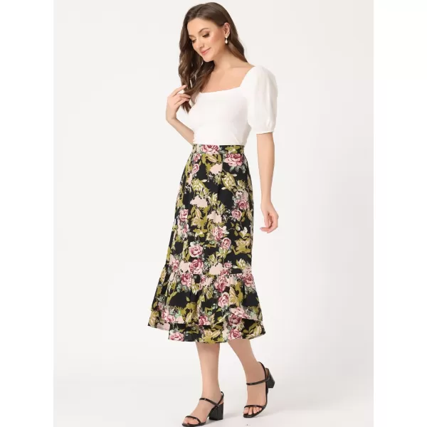 Allegra K Women's Printed Skirt Chiffon Elastic Waist Ruffle Tiered Flowy Midi Skirts