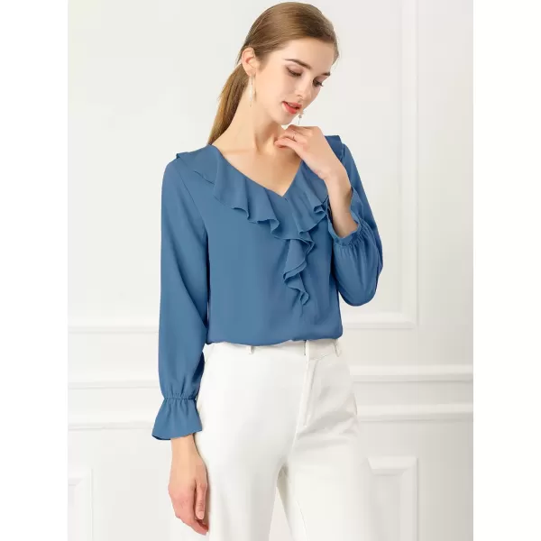 Allegra K Women's Ruffle Blouse for Business Work Elegant V Neck Long Sleeve Casual Dressy Top