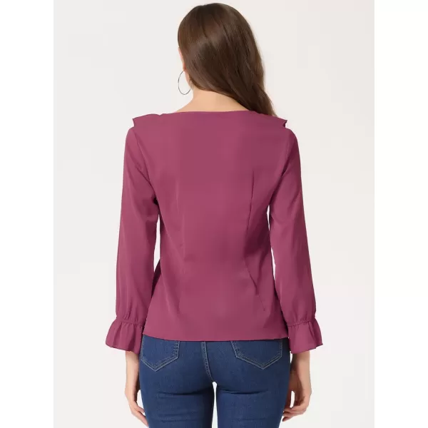 Allegra K Women's Ruffle Blouse for Business Work Elegant V Neck Long Sleeve Casual Dressy Top