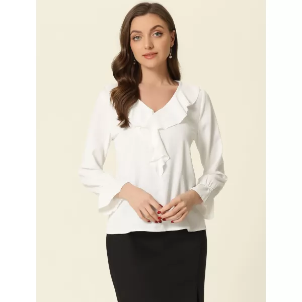 Allegra K Women's Ruffle Blouse for Business Work Elegant V Neck Long Sleeve Casual Dressy Top