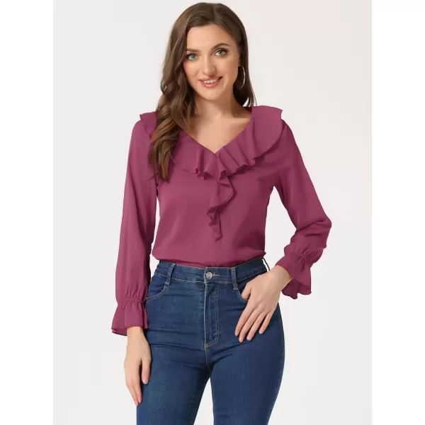 Allegra K Women's Ruffle Blouse for Business Work Elegant V Neck Long Sleeve Casual Dressy Top