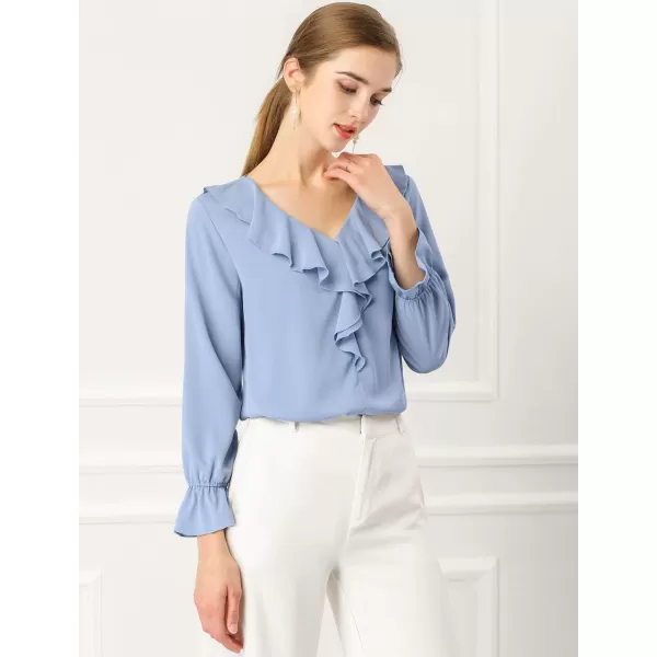 Allegra K Women's Ruffle Blouse for Business Work Elegant V Neck Long Sleeve Casual Dressy Top