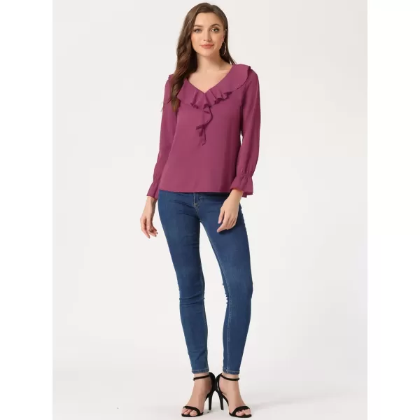 Allegra K Women's Ruffle Blouse for Business Work Elegant V Neck Long Sleeve Casual Dressy Top