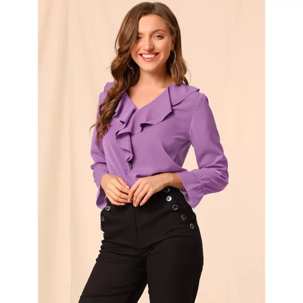 Allegra K Women's Ruffle Blouse for Business Work Elegant V Neck Long Sleeve Casual Dressy Top