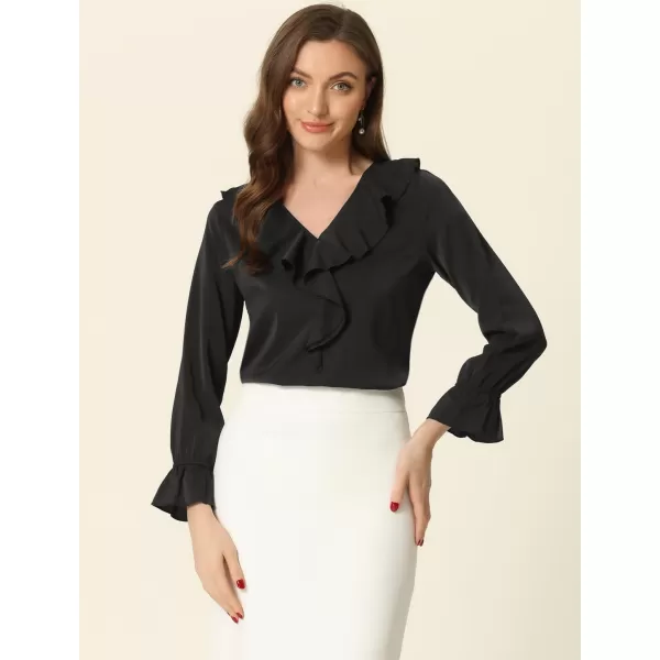 Allegra K Women's Ruffle Blouse for Business Work Elegant V Neck Long Sleeve Casual Dressy Top