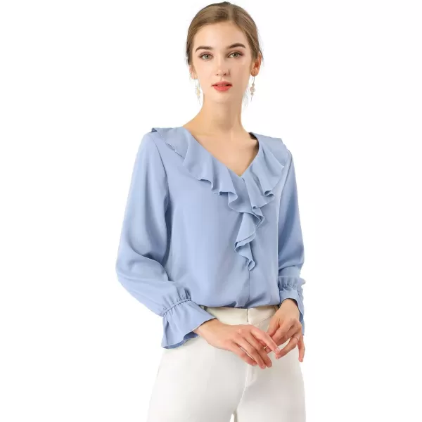 Allegra K Women's Ruffle Blouse for Business Work Elegant V Neck Long Sleeve Casual Dressy Top