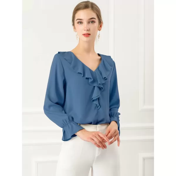 Allegra K Women's Ruffle Blouse for Business Work Elegant V Neck Long Sleeve Casual Dressy Top