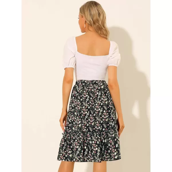 Allegra K Women's Ruffle Hem Elastic Waist Flowy A-Line Swing Floral Midi Skirt