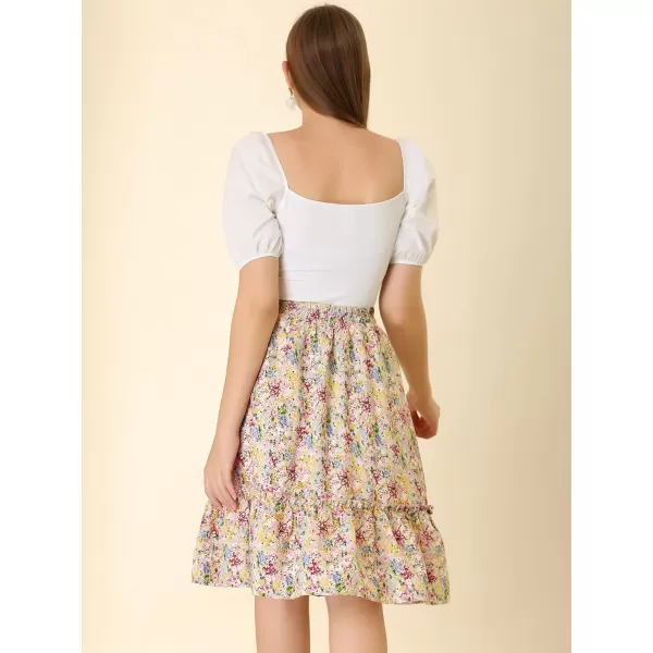 Allegra K Women's Ruffle Hem Elastic Waist Flowy A-Line Swing Floral Midi Skirt