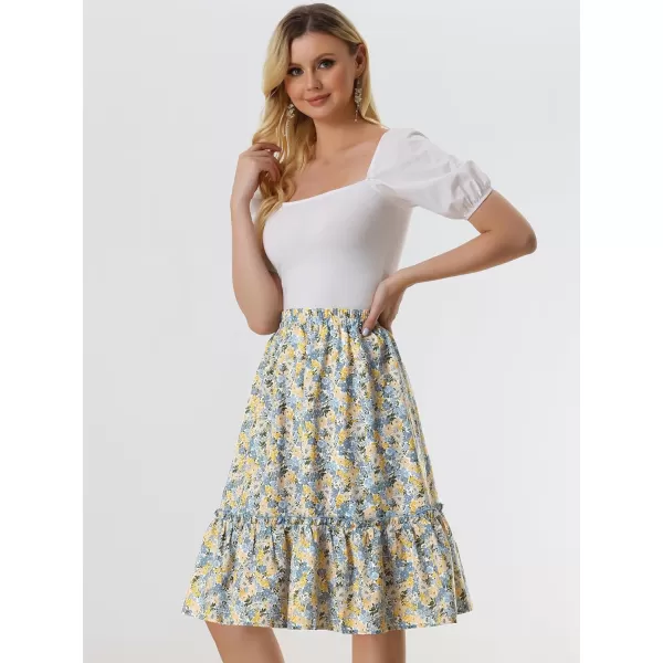 Allegra K Women's Ruffle Hem Elastic Waist Flowy A-Line Swing Floral Midi Skirt