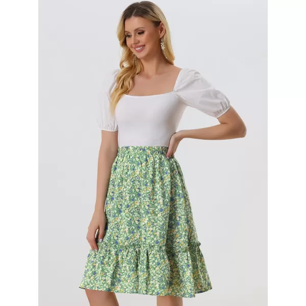 Allegra K Women's Ruffle Hem Elastic Waist Flowy A-Line Swing Floral Midi Skirt