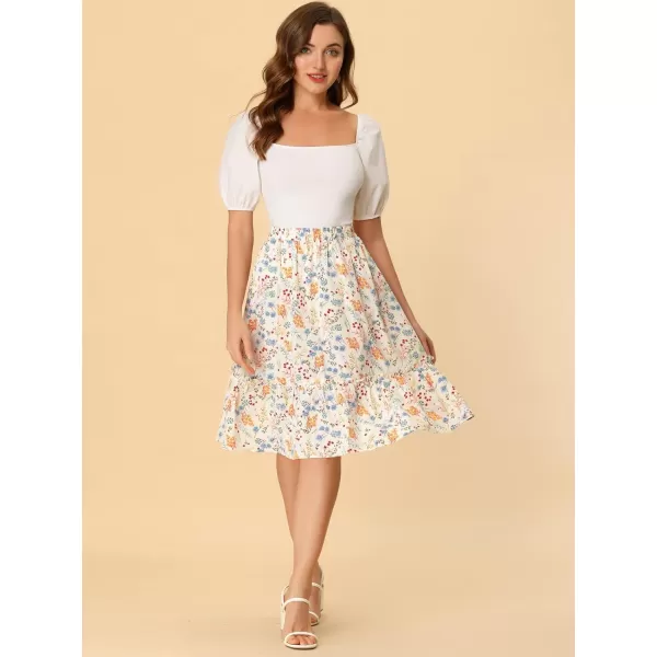 Allegra K Women's Ruffle Hem Elastic Waist Flowy A-Line Swing Floral Midi Skirt