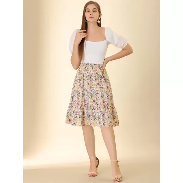 Allegra K Women's Ruffle Hem Elastic Waist Flowy A-Line Swing Floral Midi Skirt