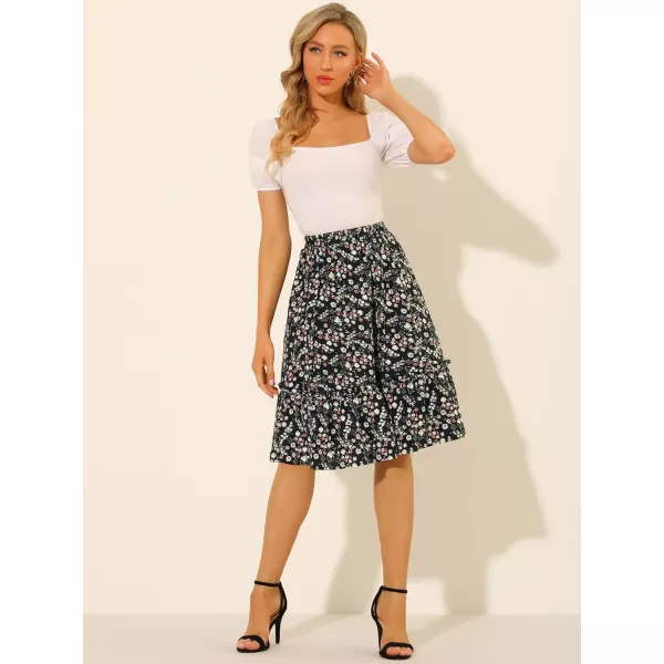 Allegra K Women's Ruffle Hem Elastic Waist Flowy A-Line Swing Floral Midi Skirt