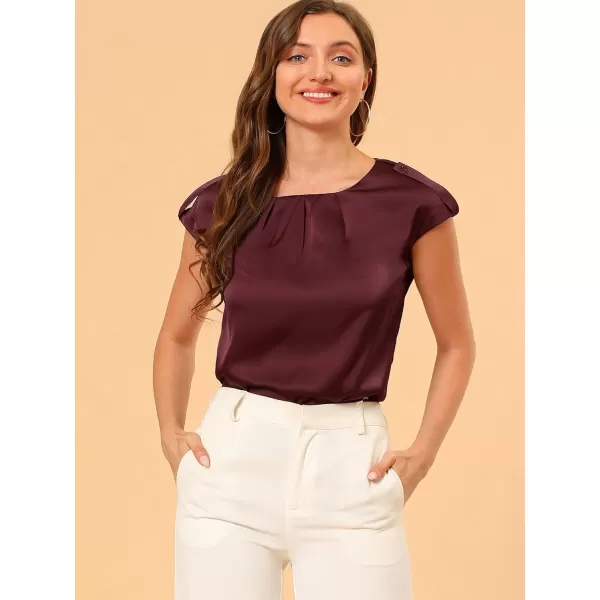 Allegra K Women's Satin Cap Sleeve Top Pleated Casual Work Office Blouse