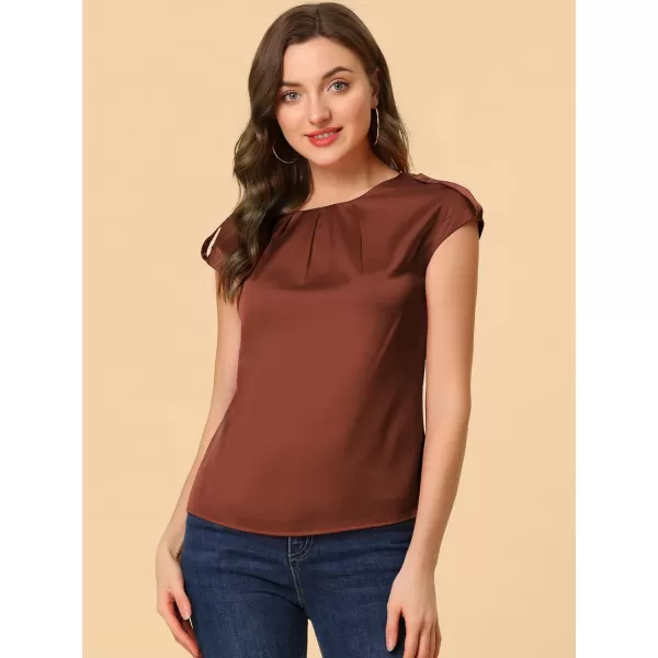 Allegra K Women's Satin Cap Sleeve Top Pleated Casual Work Office Blouse