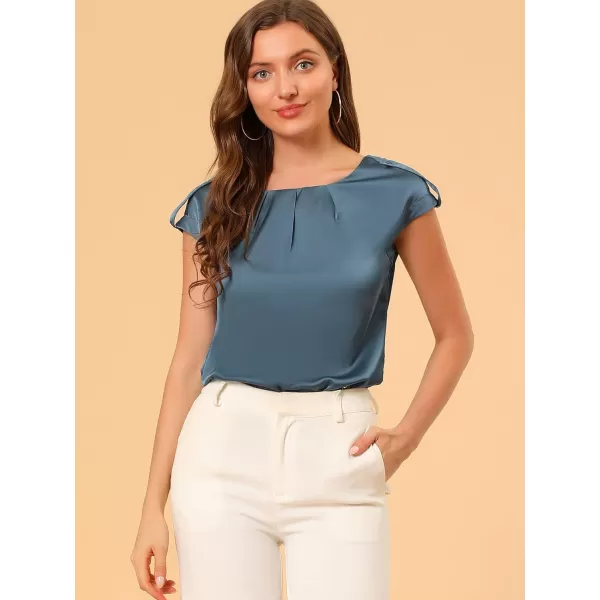 Allegra K Women's Satin Cap Sleeve Top Pleated Casual Work Office Blouse